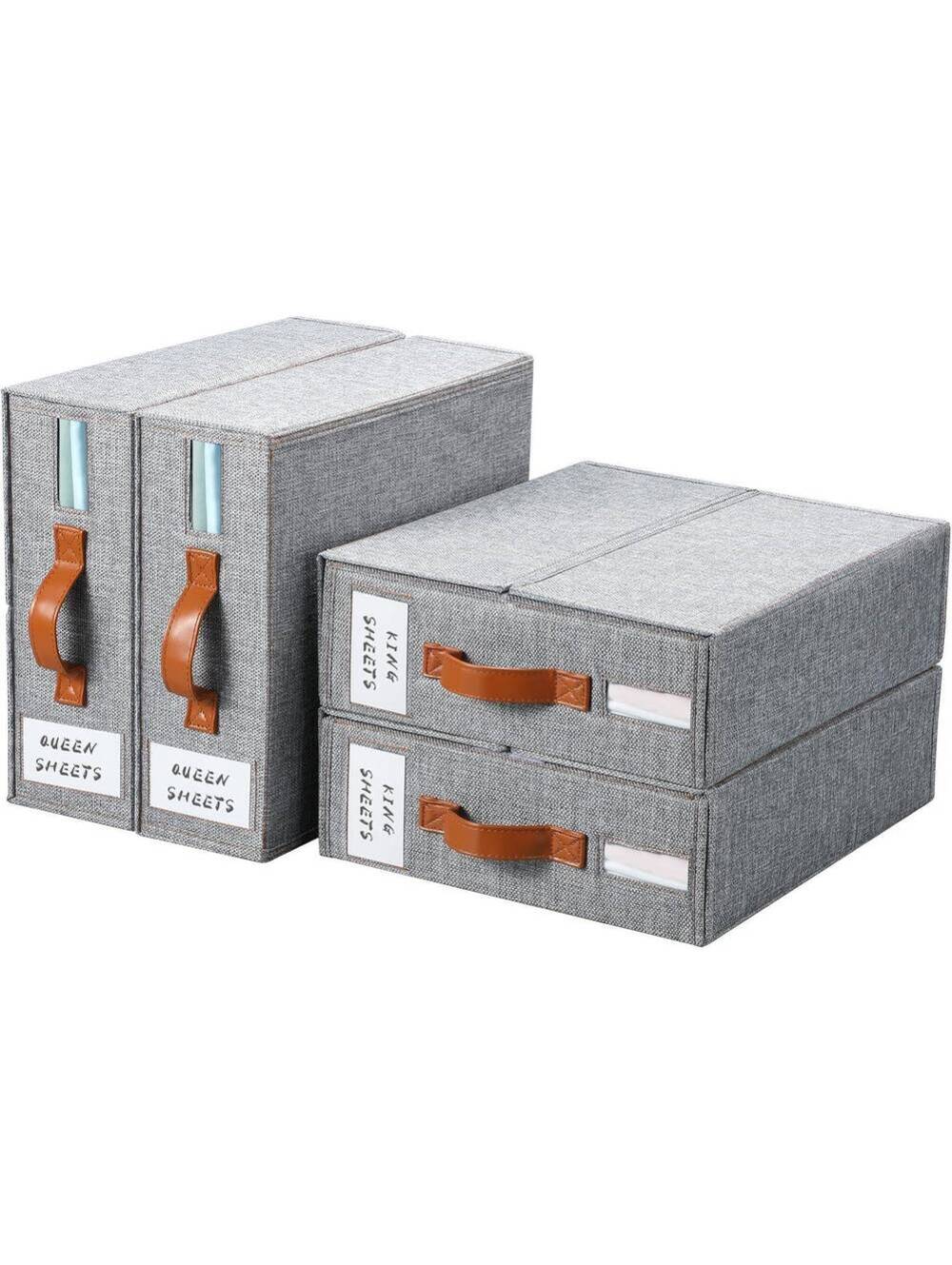 Yecaye Foldable Bed Sheet Organizers 4-Pack Gray Linen Storage Boxes with Handle